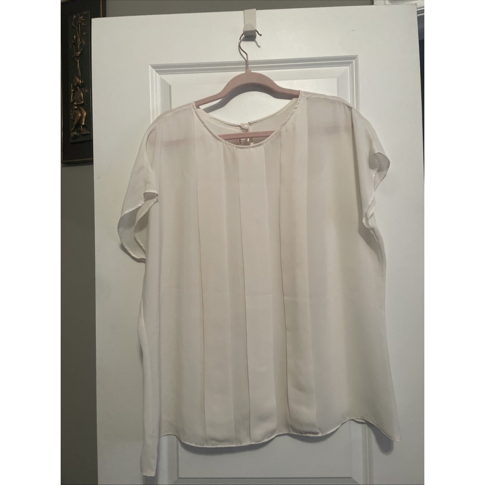 Laura Mae Vintage 80s Short Sleeved Polyester‎ Blouse Cream Womens Size 44 Beige